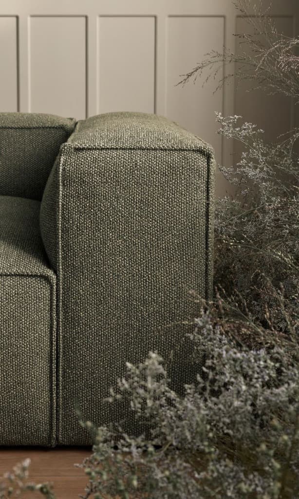 Custom premium green tweed upholstered sofa, custom made by Everest Foam & Lining